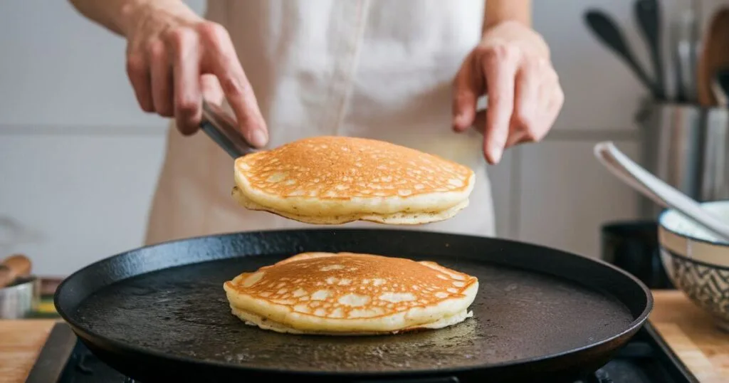 Flipping pancakes on griddle Flipping pancakes on griddle