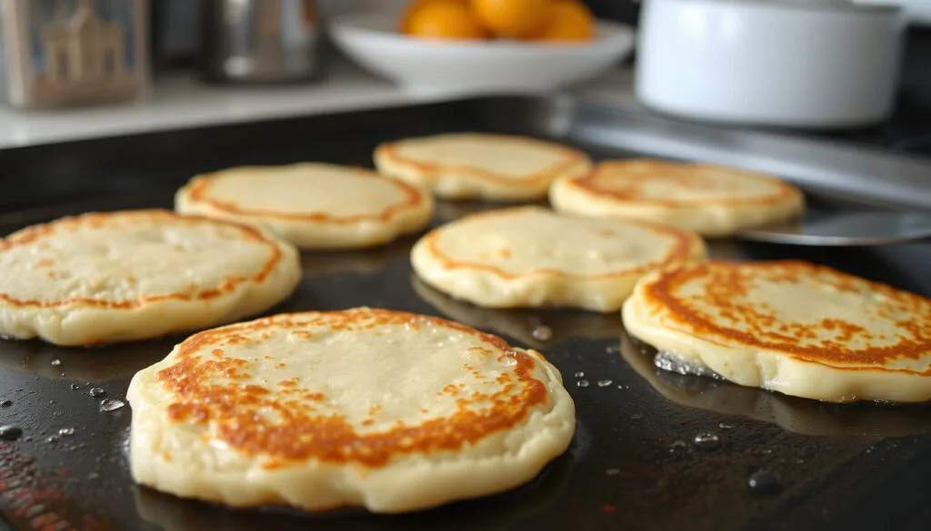 Sourdough discard pancakes cooking on griddle