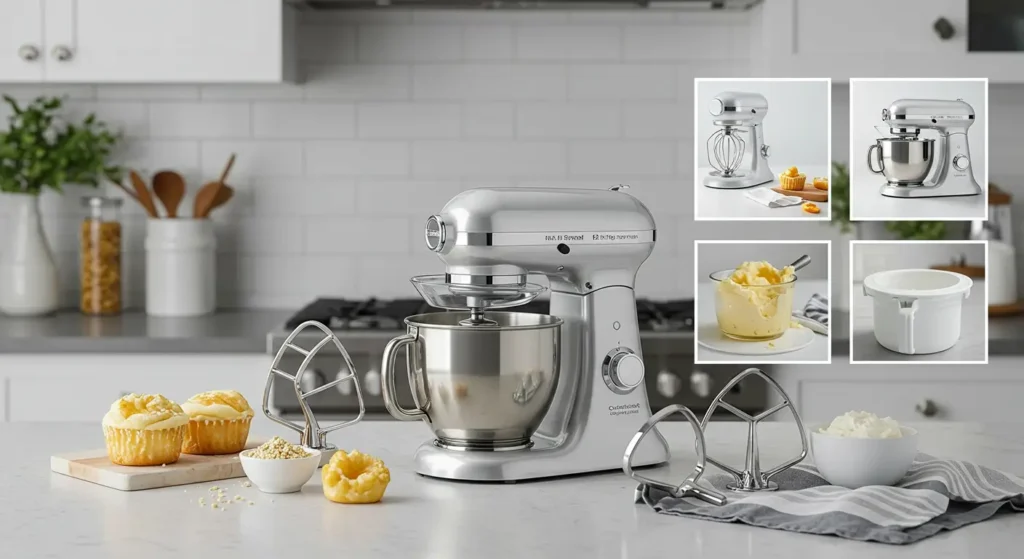 Cuisinart Stand Mixer on a clean countertop with dough kneading in progress, close-up of control panel, accessories displayed, and size comparison with kitchen items