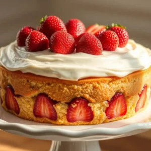 A delicious strawberry vanilla cake with layers of vanilla sponge and fresh strawberry frosting.