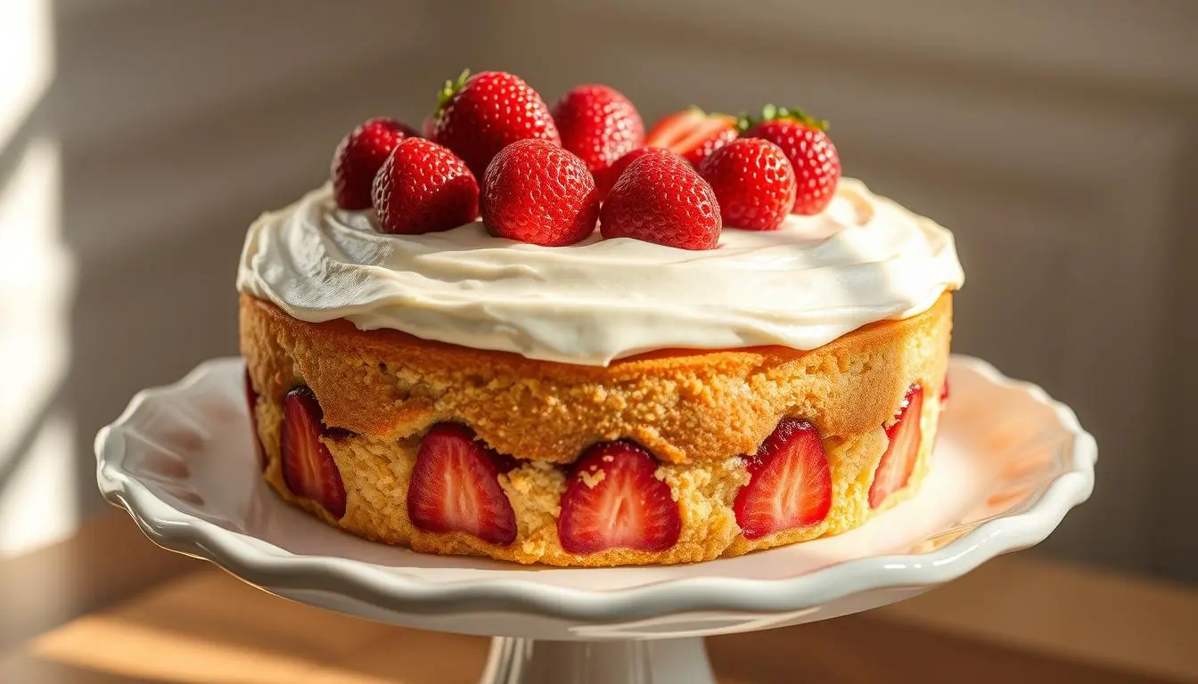 A delicious strawberry vanilla cake with layers of vanilla sponge and fresh strawberry frosting.