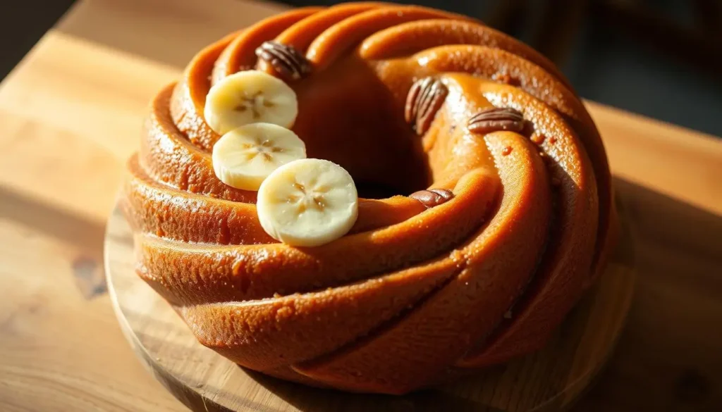 A luscious, freshly baked hummingbird bundt cake sits atop a wooden table, its golden-brown exterior glistening under soft, warm lighting. The cake's intricate, swirling pattern is accentuated by precise shadows and highlights, showcasing its moist, tender crumb. Slices of ripe banana and pineapple adorn the cake's surface, complementing the nutty aroma of toasted pecans. The scene exudes a cozy, homemade atmosphere, inviting the viewer to indulge in a slice of this delectable and visually stunning dessert.