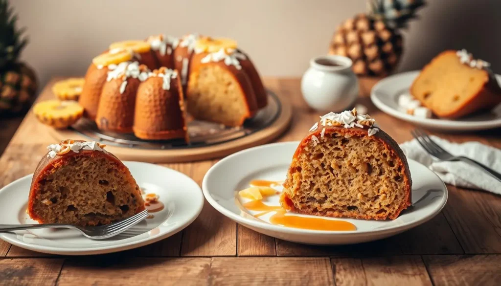 A beautifully arranged Hummingbird Bundt Cake on a wooden table, with slices showcased on white porcelain plates. The cake, adorned with a rich, golden-brown crust, is garnished with fresh pineapple slices, toasted coconut flakes, and a drizzle of caramel sauce. The lighting is soft and warm, creating a cozy, inviting atmosphere. The camera angle is slightly elevated, providing a visually appealing and appetizing presentation of the dessert. The background features a minimalist, natural-toned setting, allowing the cake to be the focal point.