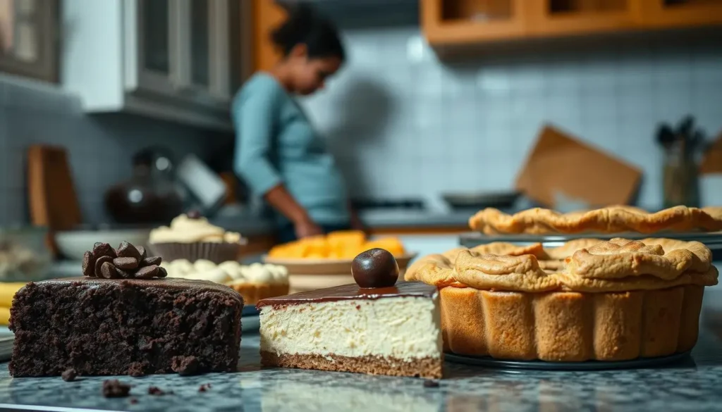 A cluttered kitchen counter with an assortment of tempting desserts - a rich, fudgy chocolate cake, a creamy cheesecake, and a flaky apple pie. The sweets are placed haphazardly, suggesting an impulsive indulgence. Harsh, overhead lighting casts harsh shadows, highlighting the guilt and regret of giving in to cravings. In the background, a blurred, dejected figure stands, head hung low, representing the struggle of weight loss when faced with dietary pitfalls. The scene conveys the common mistakes of letting desserts derail a weight loss plan, despite the best intentions.