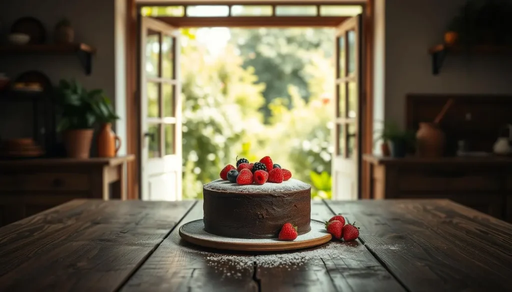 A sun-drenched kitchen with a rustic wooden table, upon which rests a decadent chocolate cake, garnished with fresh berries and a dusting of powdered sugar. In the background, a large window overlooks a lush, verdant garden, creating a serene and inviting atmosphere. The lighting is soft and natural, highlighting the rich textures and colors of the dessert. The scene conveys a sense of balance, where indulgence and health coexist harmoniously, inspiring the viewer to savor the sweetness of life while still finding ways to lose weight and maintain a nourishing lifestyle.