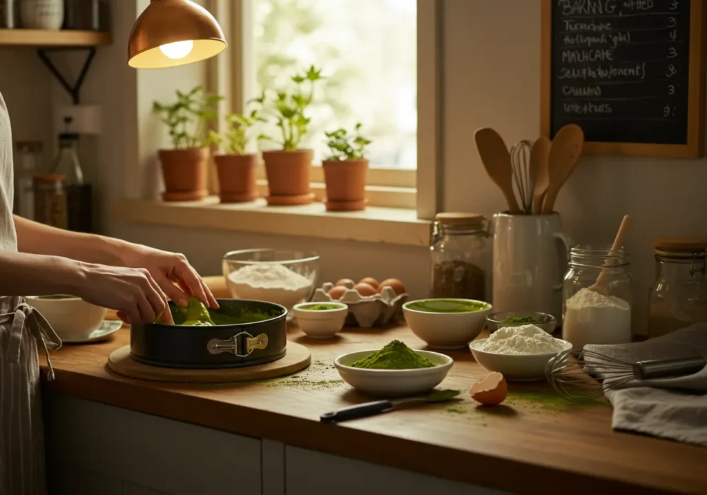 A cozy, well-lit kitchen setting with a focus on the baking process of a matcha cake. In the foreground, a baker's hands carefully folding matcha-infused batter into a round baking tin, their movements delicate and precise. The middle ground features an array of baking ingredients - matcha powder, flour, eggs, and a whisk - arranged neatly on the countertop. Warm, golden light streams in through a large window, casting a soft glow over the scene. The background showcases a few potted plants, a tidy utensil rack, and a chalkboard menu board, conveying a sense of a professional yet homely atmosphere. The overall mood is one of mindful, artisanal baking, capturing the essence of the "Baking Your Matcha Cake to Perfection" section.