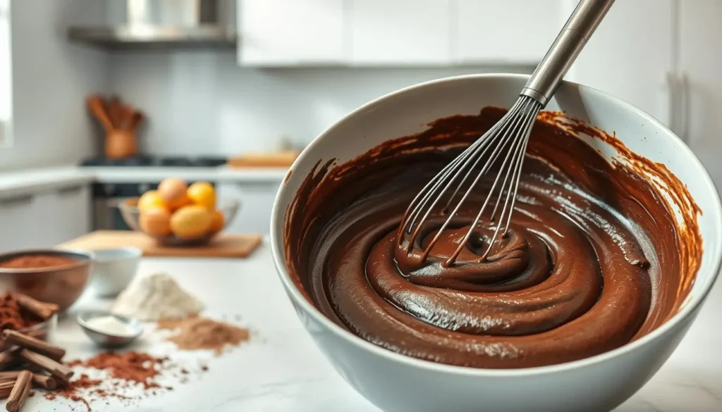 A large mixing bowl in the foreground, filled with a rich, moist chocolate cake batter. Fresh, high-quality ingredients such as cocoa powder, eggs, sugar, and flour are scattered around the bowl. Soft, diffused lighting from overhead illuminates the process, casting gentle shadows on the countertop. In the middle ground, a whisk is swirling the batter, creating a smooth, even texture. The background shows a clean, modern kitchen with sleek appliances, creating a calming, minimalist atmosphere. The mood is one of focused, intentional baking, with the promise of a healthier, guilt-free indulgence.