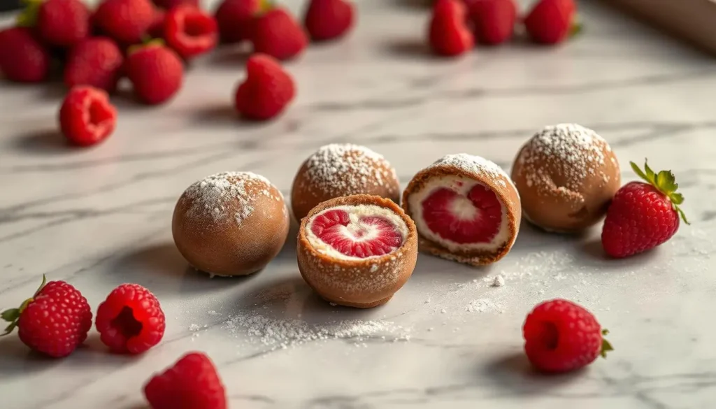 Raspberry Cheesecake Truffles - a decadent dessert with a smooth, creamy filling and a vibrant raspberry swirl. On a marble countertop, the truffles are arranged in a neat row, their glossy, tempting surfaces catching the warm, golden light of a softbox. The truffles are dusted with a light coating of cocoa powder, providing a subtle contrast to the deep pink interior. Carefully placed raspberries, some whole and some halved, frame the truffles, adding a fresh, tart element. The overall scene evokes a sense of indulgence and culinary craftsmanship, inviting the viewer to savor each delectable bite.