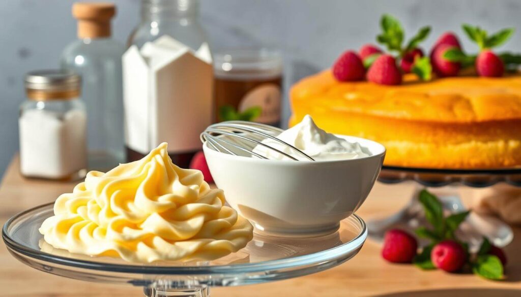 A gleaming glass cake stand showcases an array of delectable ingredients for an authentic Swedish princess cake. In the foreground, a pile of delicate almond-flavored marzipan and a whisk-whipped cream in a porcelain bowl take center stage, bathed in soft natural lighting. Beside them, a freshly baked golden sponge cake waits to be layered, its tender crumb ready to absorb the rich custard filling. In the background, jars of fragrant vanilla extract and powdered sugar stand ready, while ripe raspberries and mint leaves add pops of vibrant color, hinting at the sweet, aromatic flavors to come. The scene evokes the elegant simplicity and artisanal charm of Scandinavian baking.