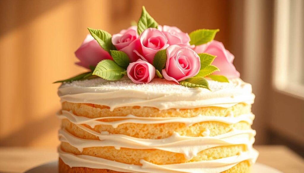 A delicate princess cake design, crafted with precision and elegance. In the foreground, a soft, fluffy sponge cake is adorned with a luscious layer of whipped cream, its surface gently swirled and dusted with powdered sugar. Atop the cake, a crown of vibrant green marzipan leaves and delicate pink roses cascade, their petals delicately unfurling. The background is bathed in warm, natural lighting, casting a gentle glow on the scene and highlighting the cake's intricate details. The overall composition conveys a sense of refined sophistication, befitting the regal nature of the princess cake.