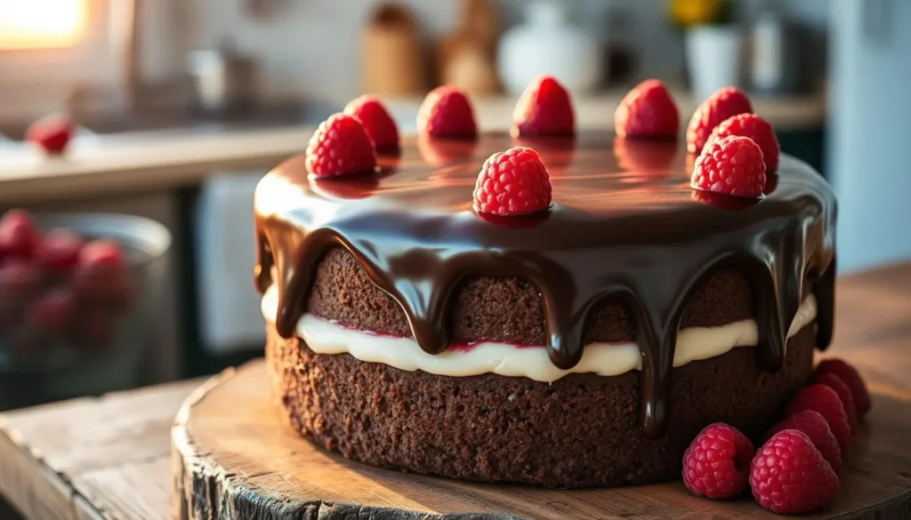 A luscious chocolate tres leches cake, its soft spongy layers soaked in a rich, creamy blend of three milks - evaporated, condensed, and whole milk. The top is coated in a decadent chocolate ganache, its shiny surface gently reflecting the warm light of a setting sun. Plump fresh raspberries dot the edges, their vibrant red hues contrasting beautifully against the dark chocolate. The cake sits atop a rustic wooden table, its textured surface casting intriguing shadows. In the background, a blurred kitchen scene suggests a cozy, inviting atmosphere, hinting at the care and attention that went into creating this indulgent dessert.