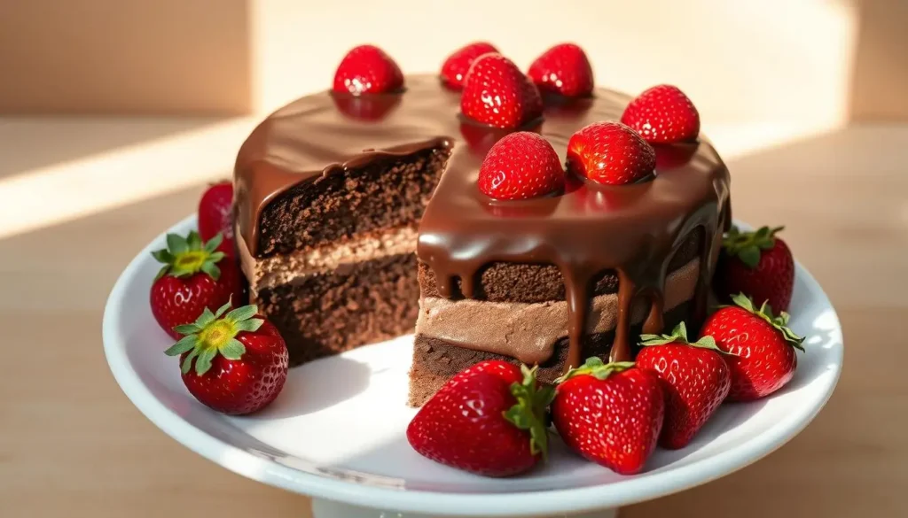 A luscious, moist chocolate tres leches cake resting on a white ceramic platter, its surface adorned with a rich chocolate ganache glaze. Ripe, glistening strawberries are carefully arranged around the cake, their vibrant red hues providing a striking contrast. The cake is illuminated by soft, natural lighting, casting gentle shadows that accentuate its layers and textures. The background is a warm, inviting neutral tone, allowing the delectable dessert to take center stage. The overall composition evokes a sense of indulgence, perfect for showcasing this delicious variation of the classic chocolate tres leches cake.