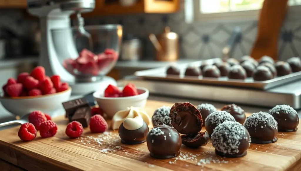 A delectable raspberry truffle recipe showcased in a warm, cozy kitchen setting. In the foreground, an assortment of fresh raspberries, dark chocolate, and creamy ingredients are artfully arranged on a wooden cutting board. The middle ground features a mixer whipping up a luscious ganache, while in the background, a tray of neatly arranged truffles sits on a marble countertop, bathed in soft, natural lighting. The overall atmosphere is one of inviting indulgence, with a focus on the high-quality ingredients and the skilled preparation of this delightful dessert.