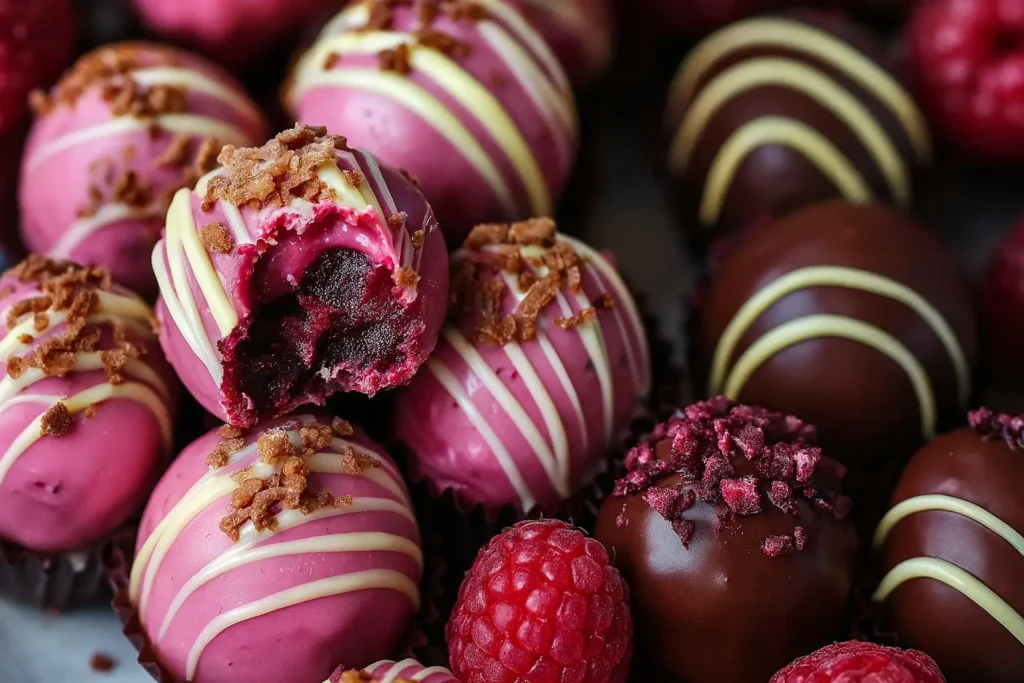 Close-up of raspberry cheesecake truffles coated in pink and dark chocolate, drizzled with white chocolate and topped with raspberry flakes
