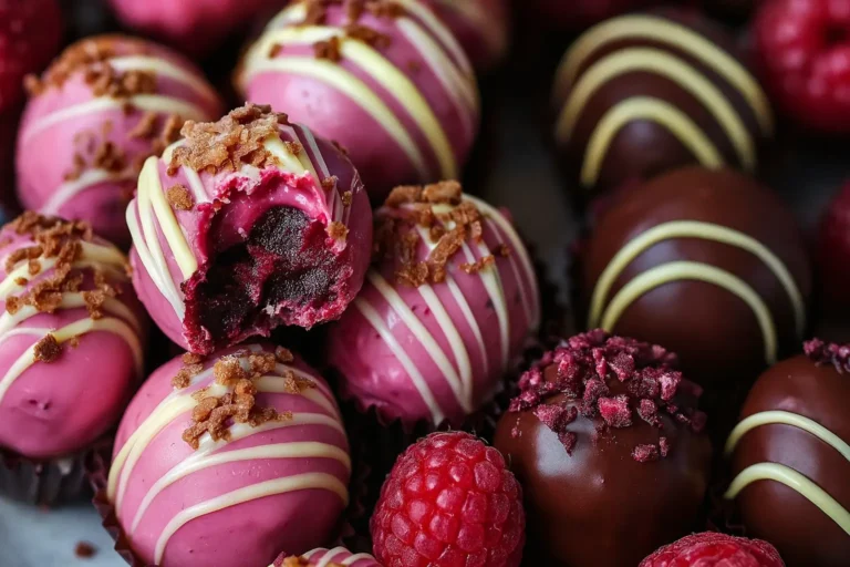 Close-up of raspberry cheesecake truffles coated in pink and dark chocolate, drizzled with white chocolate and topped with raspberry flakes