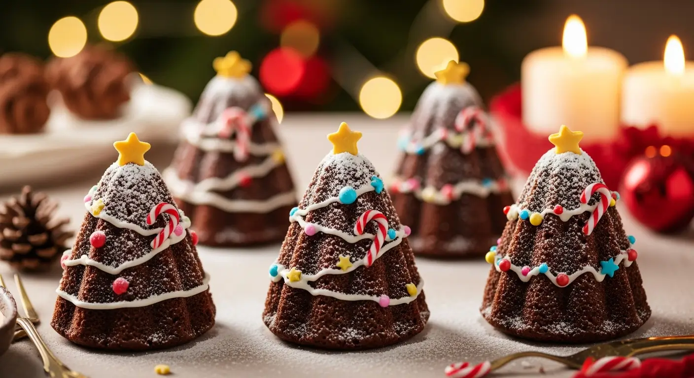 Mini Chocolate Christmas Tree Cakes decorated with powdered sugar snow, colorful sprinkles, and tiny edible ornaments, arranged on a festive holiday table with warm lighting.