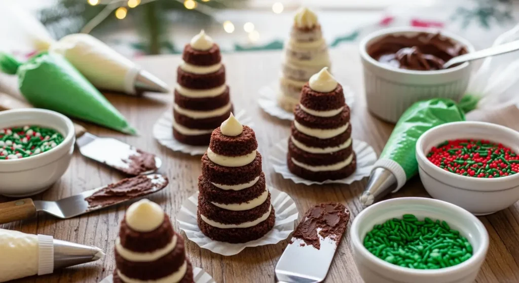 Mini Chocolate Christmas Tree Cakes in preparation, with small cake layers, frosting, ganache, and decorating tools like piping bags and spatulas on a festive table.