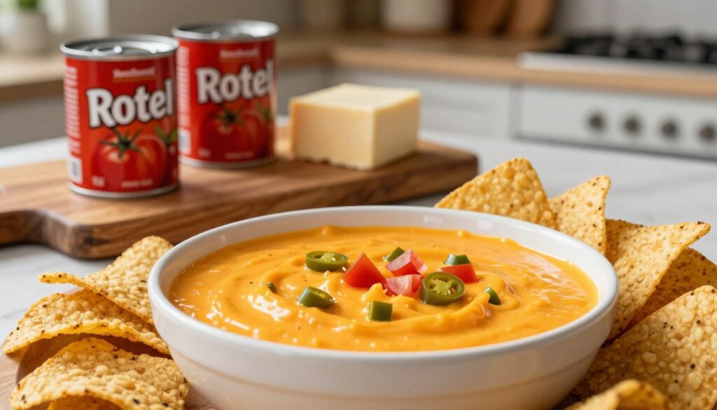 A bowl of creamy melted cheese dip topped with chopped jalapeños and tomatoes, surrounded by tortilla chips, with cans of Rotel diced tomatoes and a block of cheese in the background on a kitchen counter.