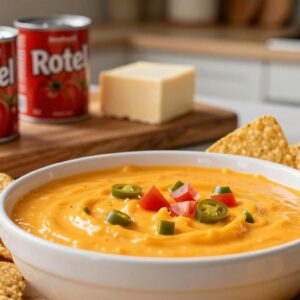 A bowl of creamy melted cheese dip topped with chopped jalapeños and tomatoes, surrounded by tortilla chips, with cans of Rotel diced tomatoes and a block of cheese in the background on a kitchen counter.
