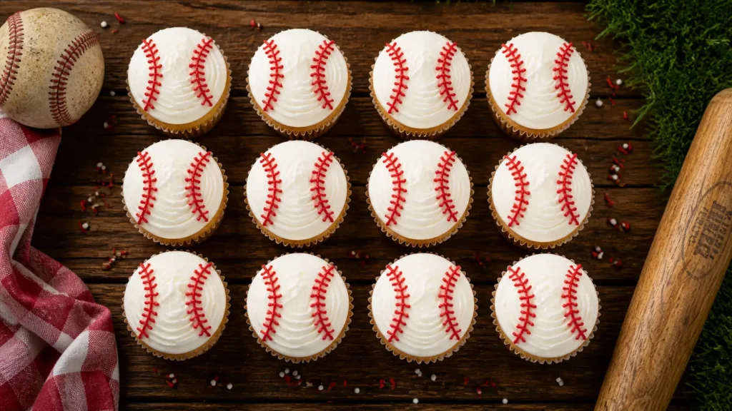 Baseball cupcakes with red stitching frosting arranged on a rustic table for game day parties