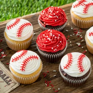 Baseball cupcakes with red stitching frosting on a wooden table, perfect for game day parties
