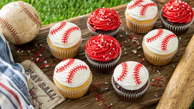 Baseball cupcakes with red stitching frosting on a wooden table, perfect for game day parties